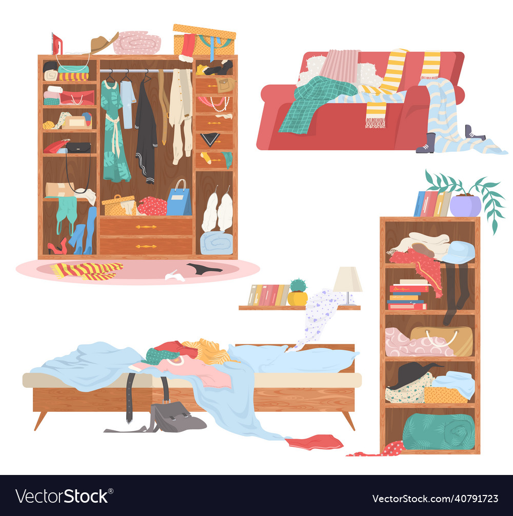 Scattered clothes female stuff in wardrobe Vector Image
