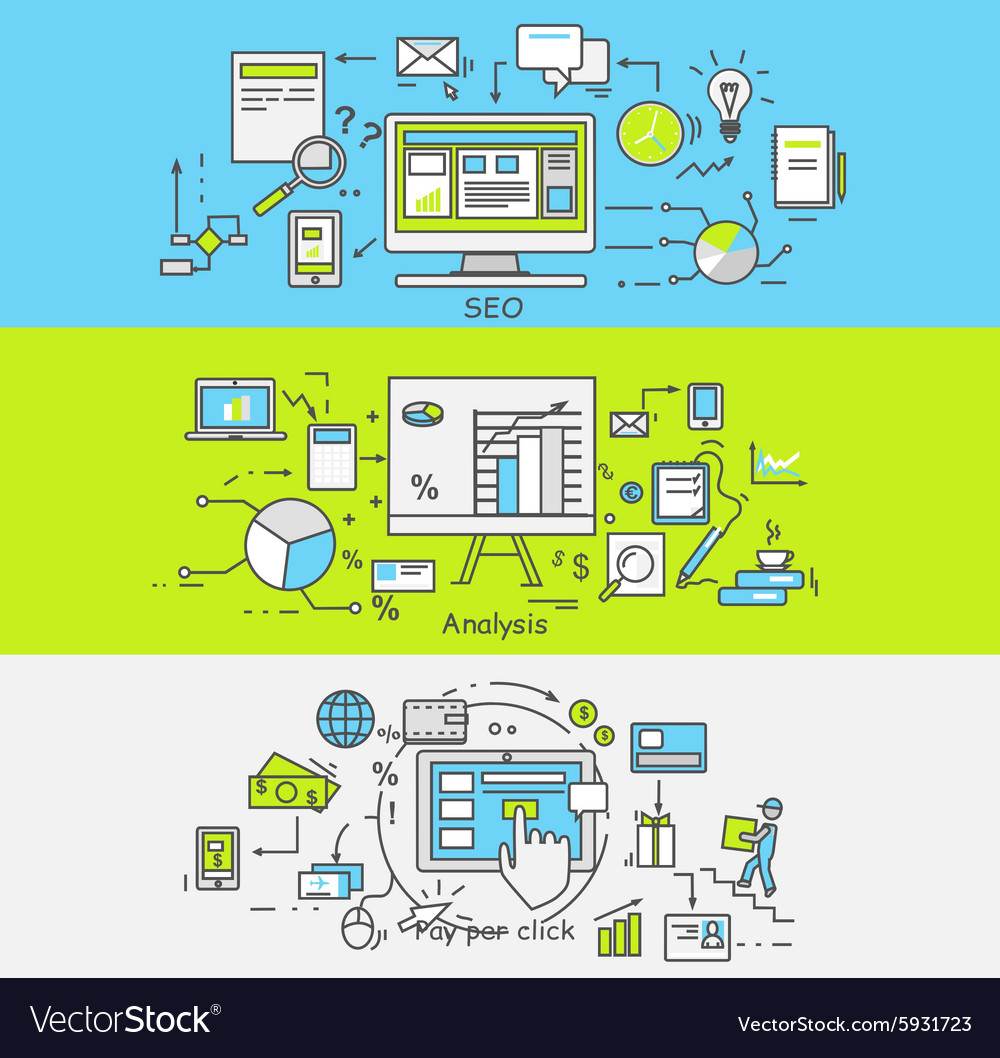 Thin lines icons seo analisis pay per click Vector Image