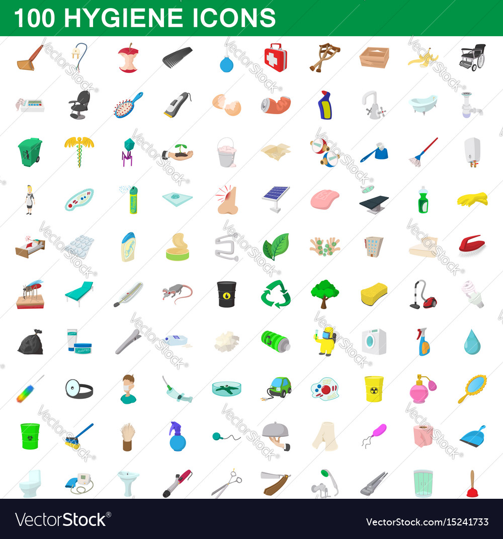 100 Hygiene Icons Set Cartoon Style Royalty Free Vector