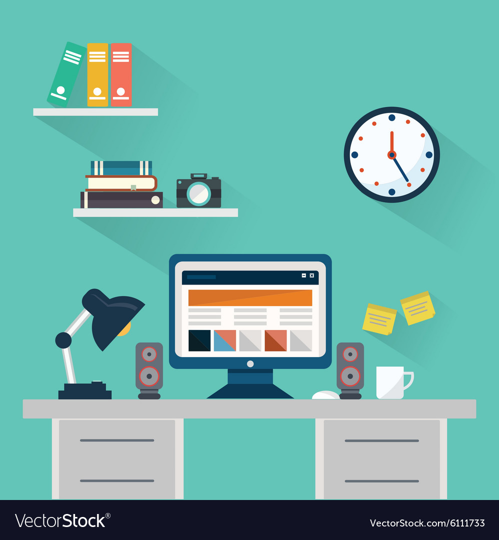 Flat design concept of workspace with computer Vector Image