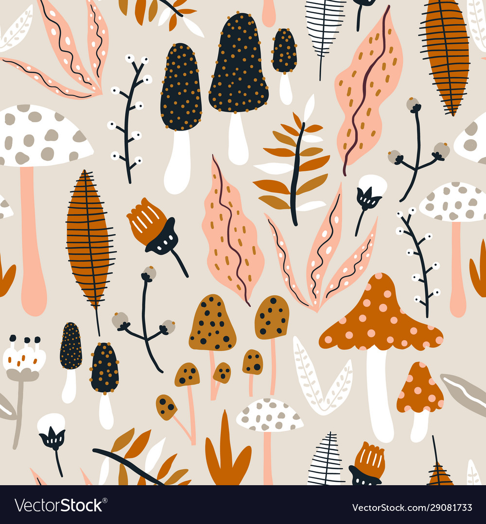 Seamless Woodland Pattern With Mushrooms And Vector Image 0750