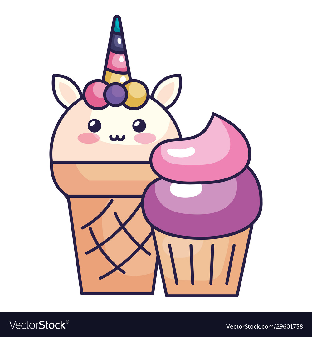 Cute unicorn ice cream with cupcake