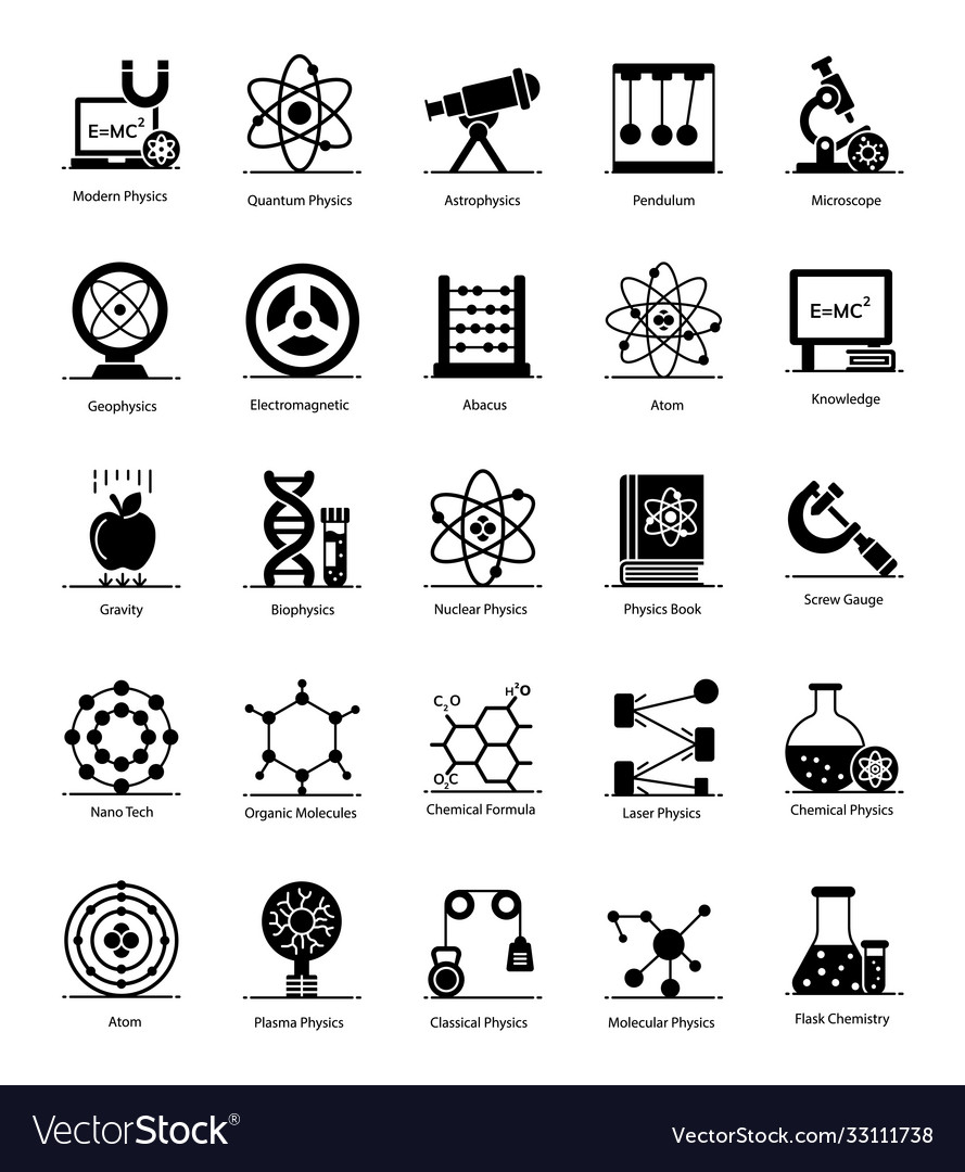 Quantum physics solid icons pack Royalty Free Vector Image