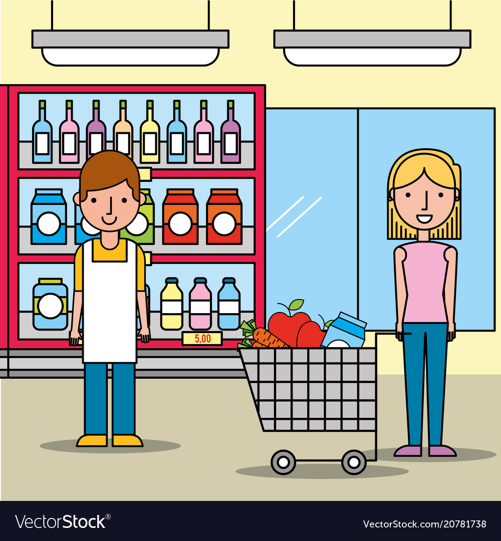 Salesman and customer woman with shopping cart in Vector Image