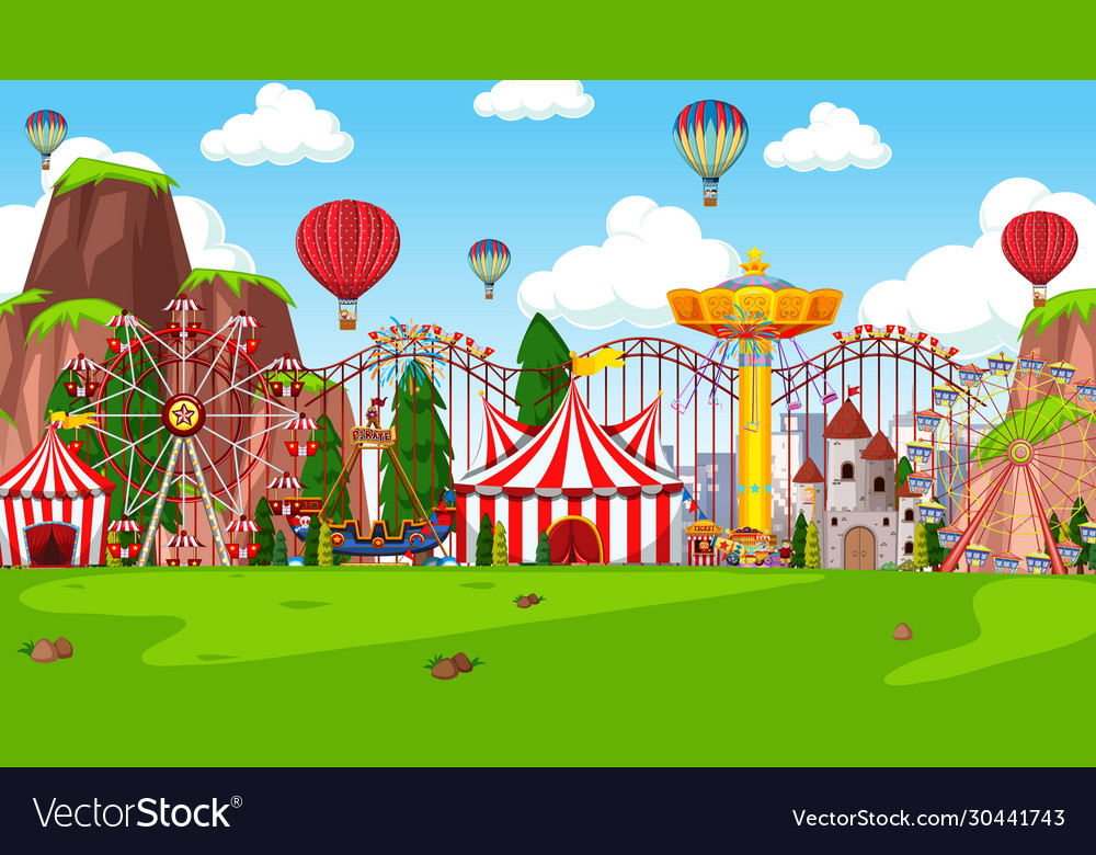 Themepark scene with many rides in field Vector Image