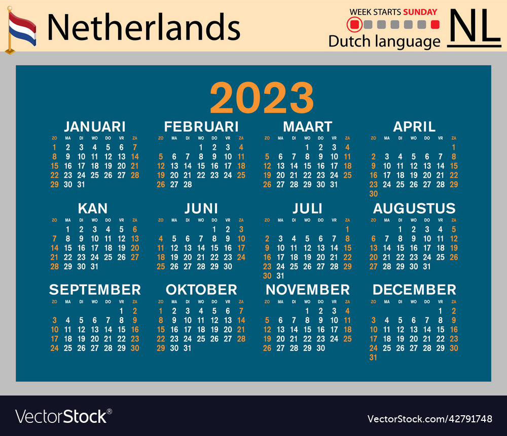 Dutch horizontal pocket calendar for 2023 week Vector Image