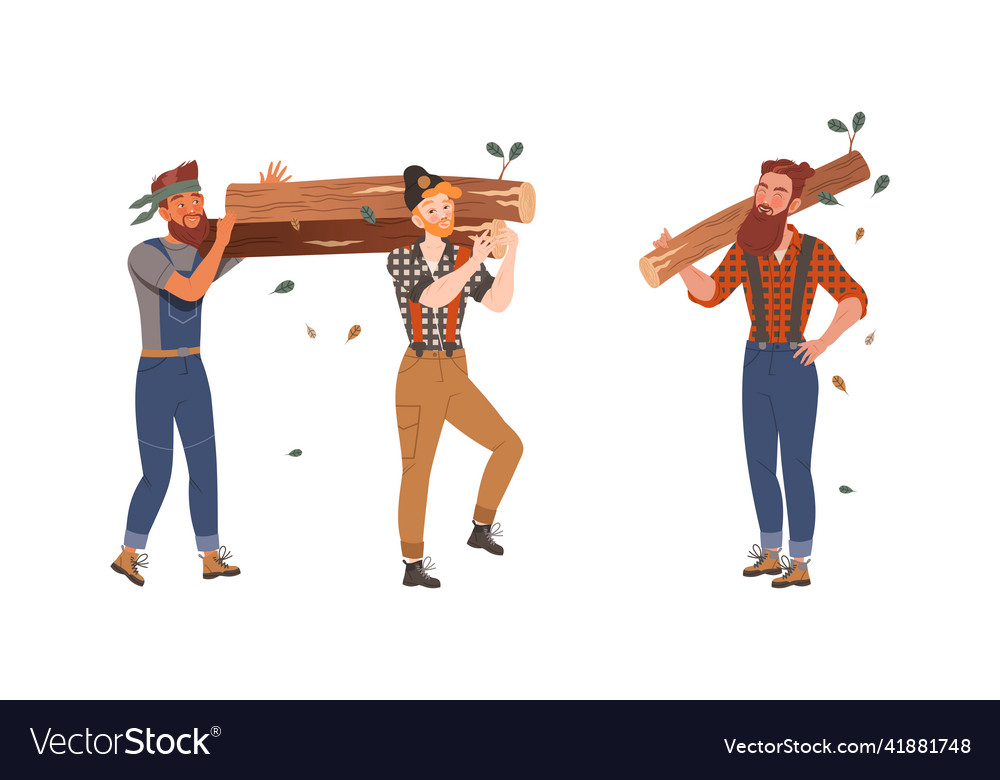 Lumberjacks carrying log set logging industry Vector Image