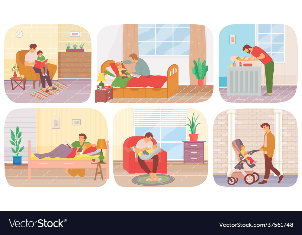 Man on maternity leave with child scenes set dad Vector Image