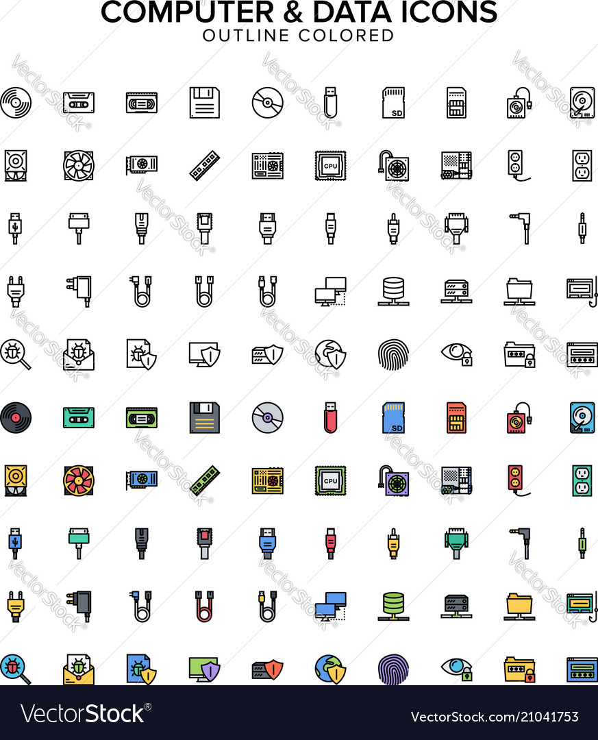 Computer and data outline colored icon set Vector Image