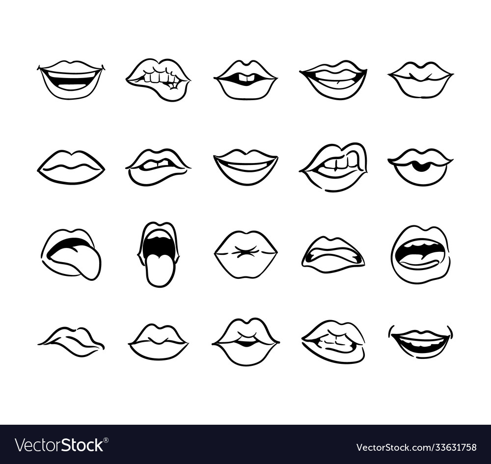 Bundle twenty mouths pop art line style icons Vector Image