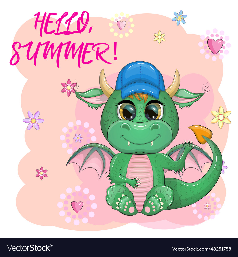 Cute cartoon green baby dragon in a summer hat Vector Image