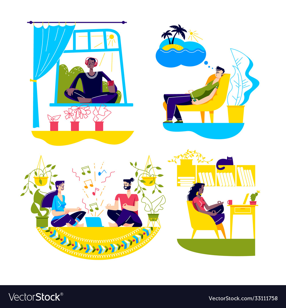 Home meditation set with people staying Royalty Free Vector