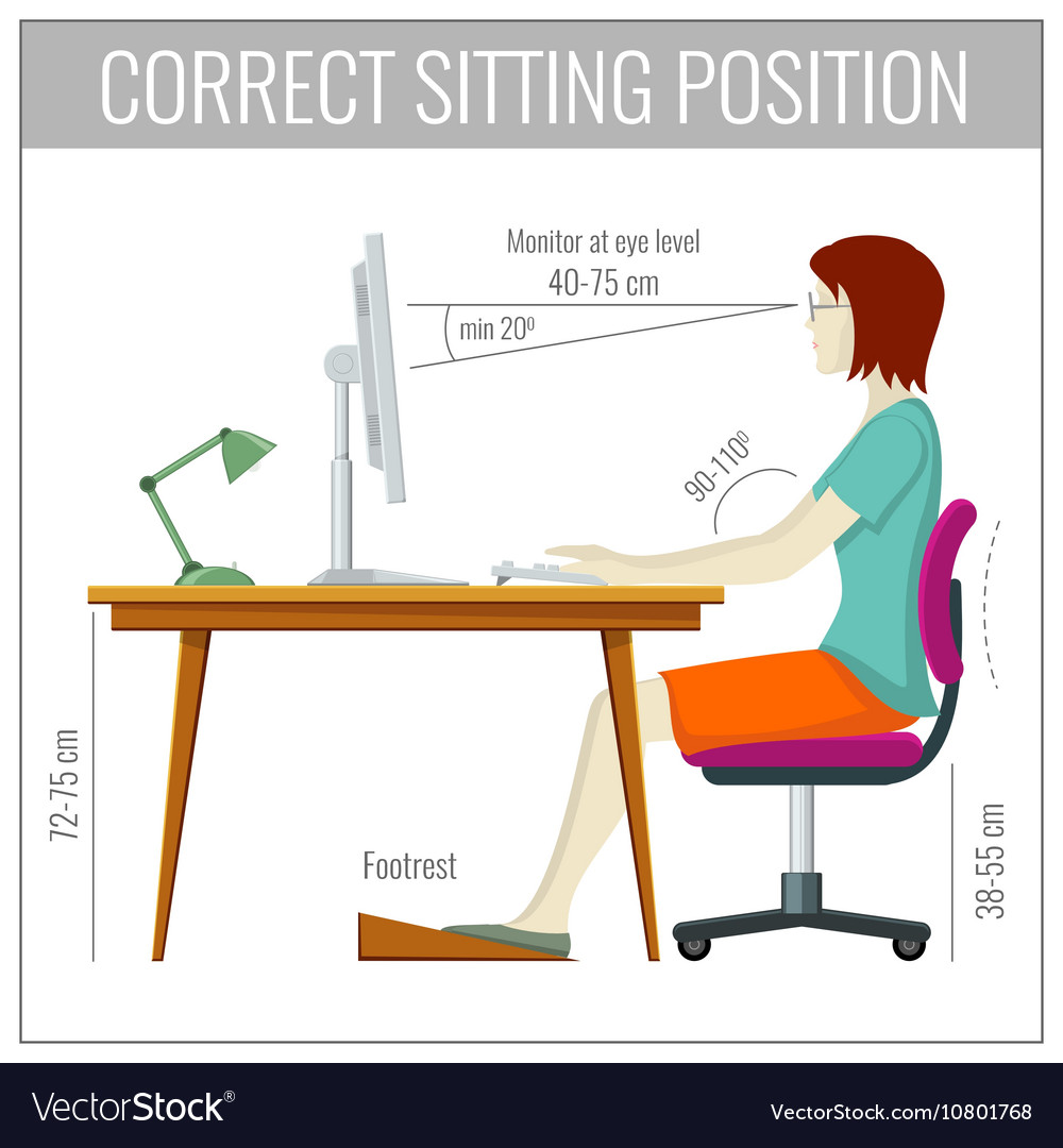 Correct Spine Sitting Posture At Computer Health Vector Image