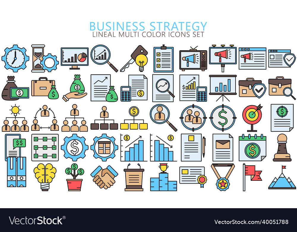 Business strategy lineal multi color icons set Vector Image