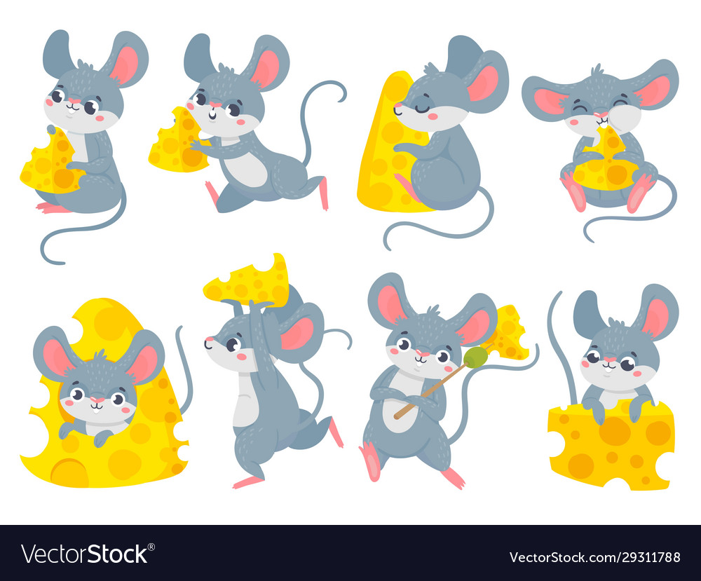 Cartoon Mouse With Cheese Cute Little Mouses Vector Image