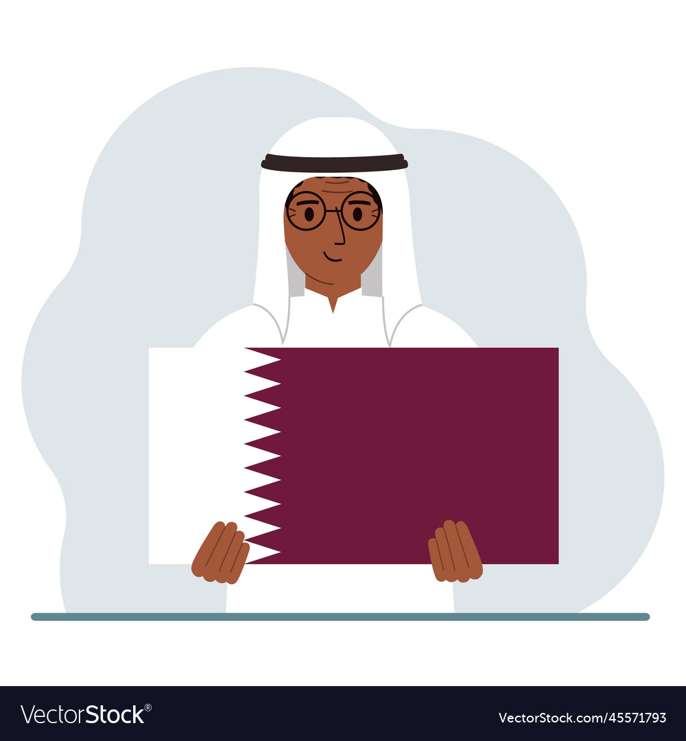 A man is holding the flag of qatar in his hands Vector Image