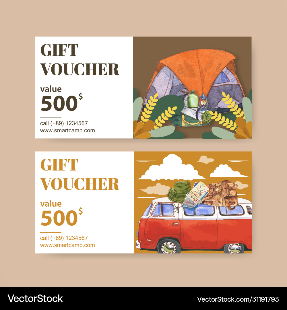 Camping voucher design with lantern tent van Vector Image
