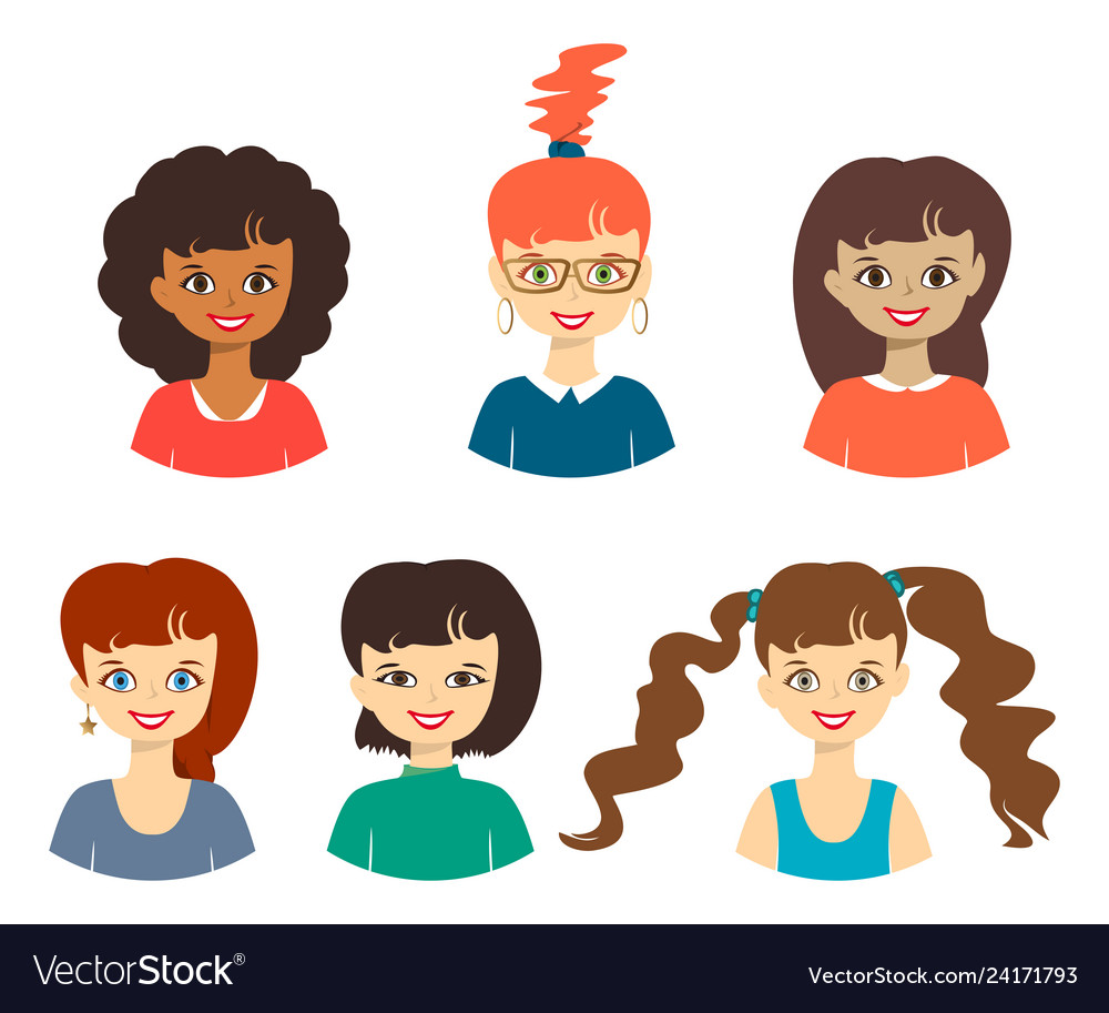 Set Of Cute Girls Women With Different Hairstyles Vector Image