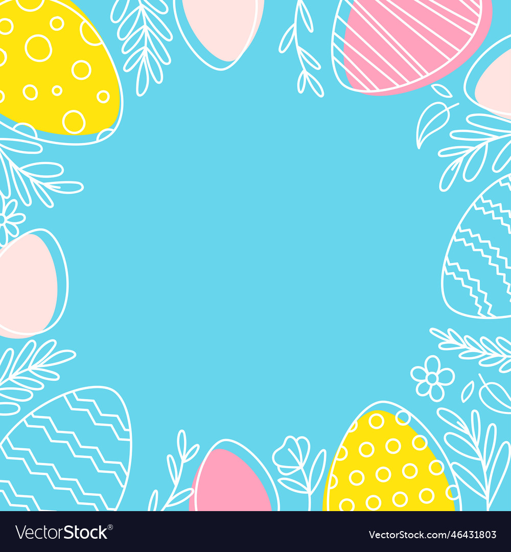 Easter round frame with contour flowers and eggs Vector Image