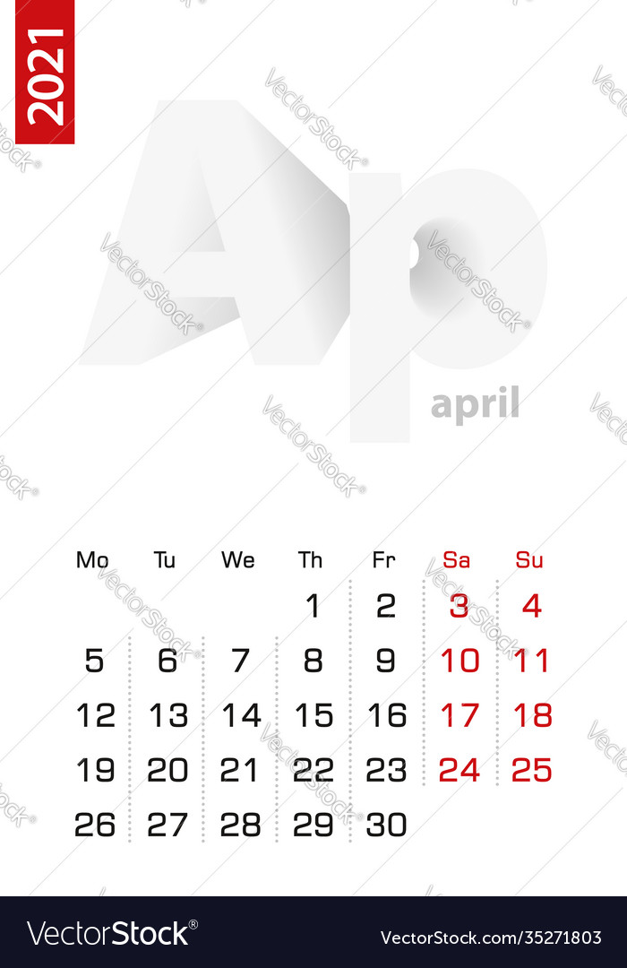 Minimalist calendar template for april 2021 Vector Image