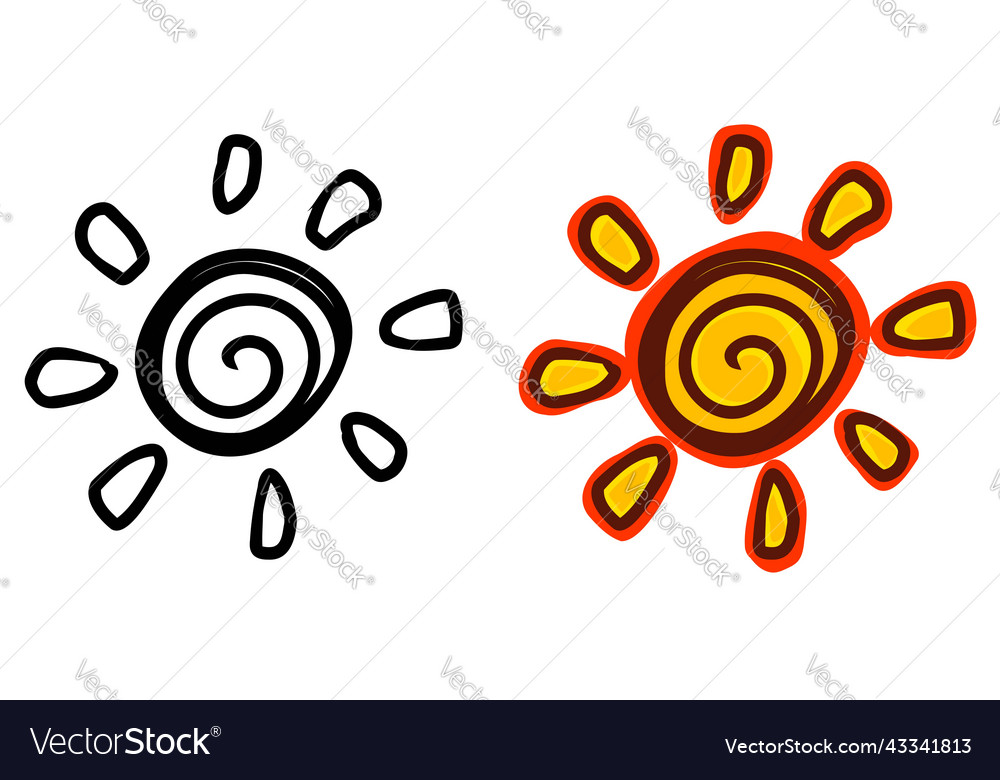 Cartoon hand drawn yellow sun icon vector image Cartoon hand drawn yellow sun icon