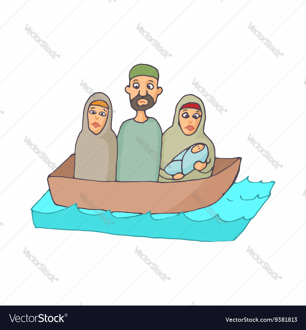 Refugees in a boat icon cartoon style Royalty Free Vector Refugees in a boat icon cartoon style Royalty Free Vector