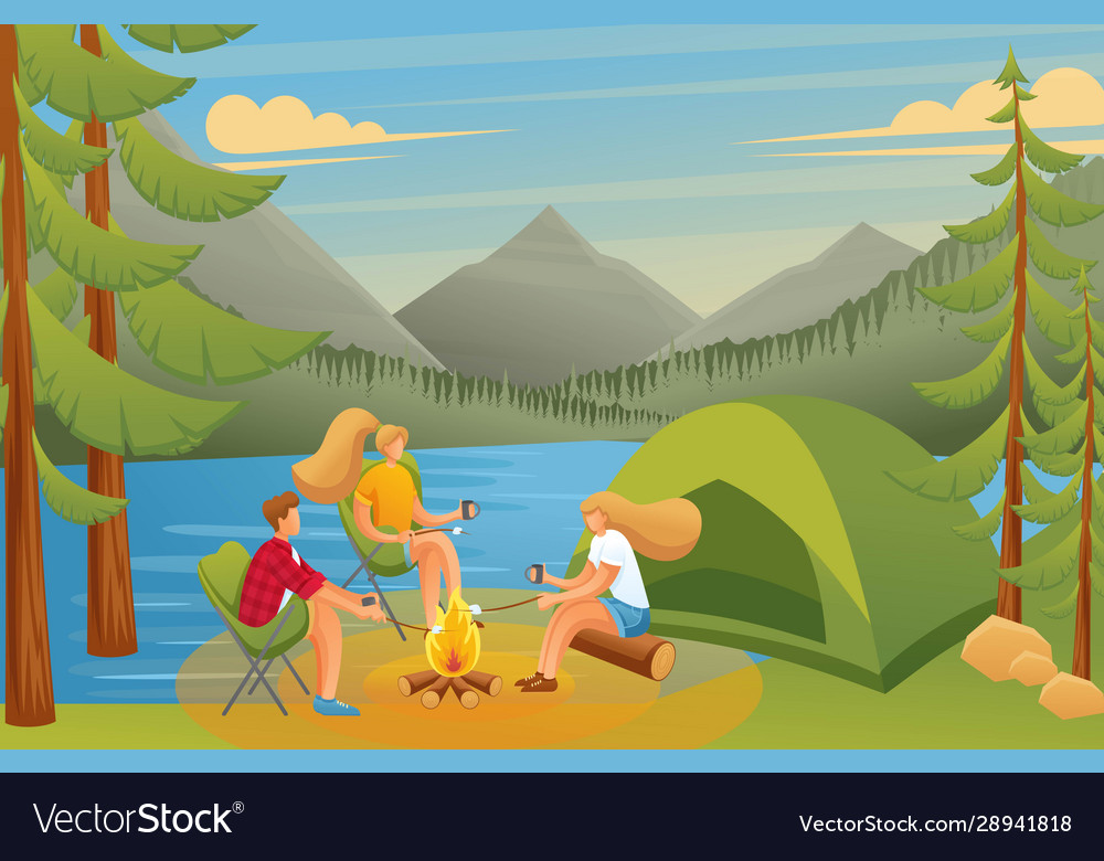 Young People Sitting Near A Fire In Woods Vector Image