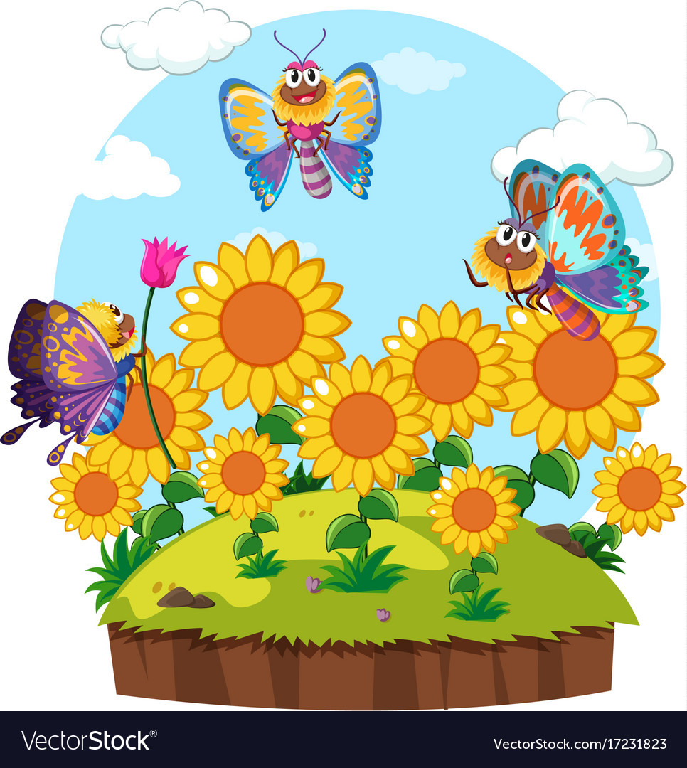 Butterflies Flying Around Flower Garden Royalty Free Vector