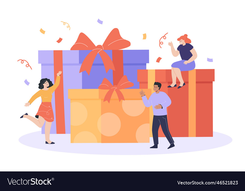 Tiny people with huge gift boxes flat Royalty Free Vector