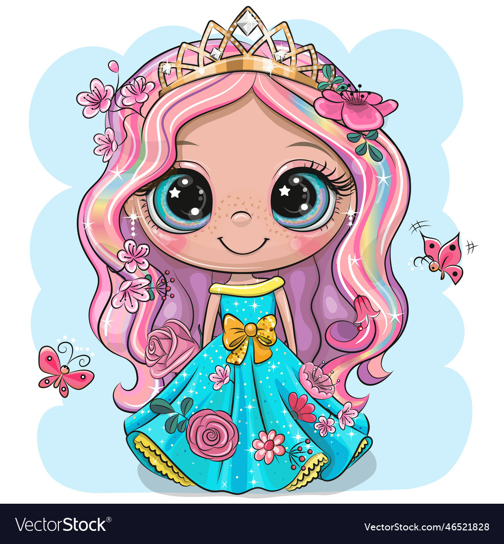 Cartoon little princess in a blue dress Royalty Free Vector