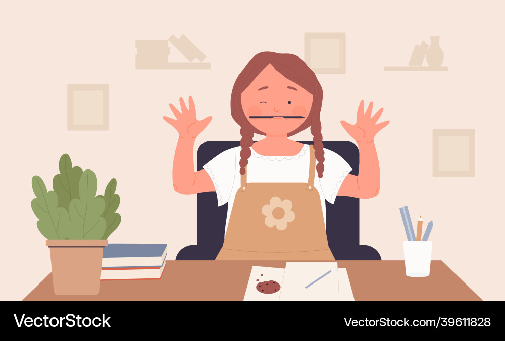 Happy cute girl doing study learning at home Vector Image