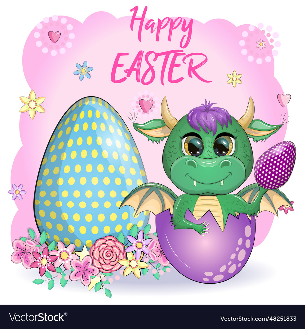 Cute cartoon green baby dragon with an easter egg Vector Image