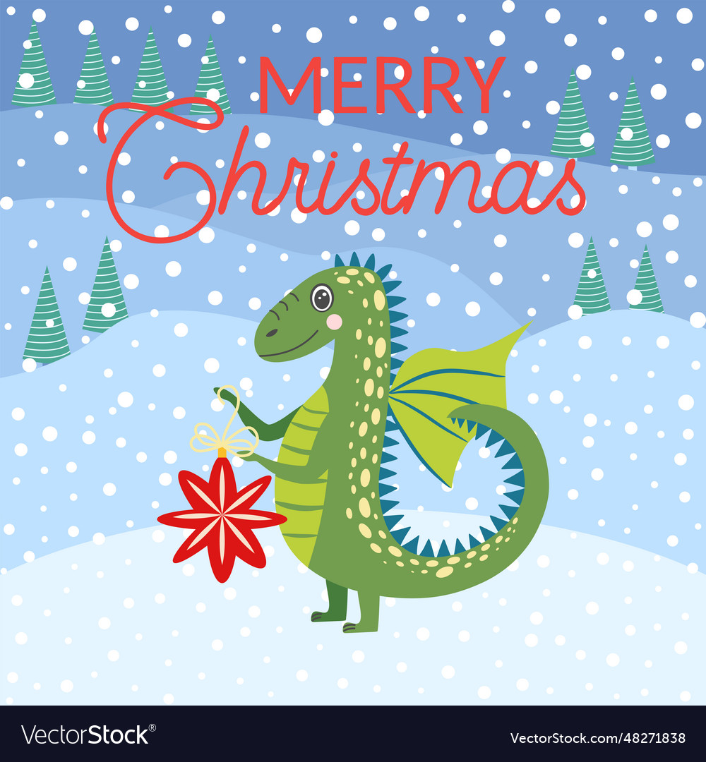 Christmas card with cute green dragon year Vector Image