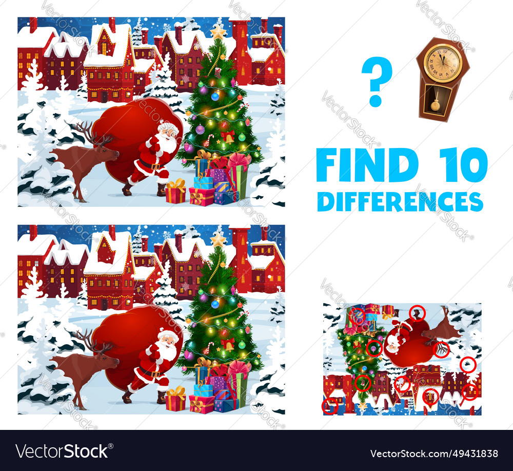 Christmas game worksheet find ten differences Vector Image