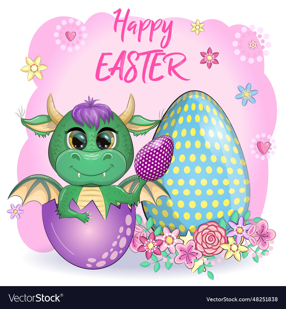 Cute cartoon green baby dragon with an easter egg Vector Image