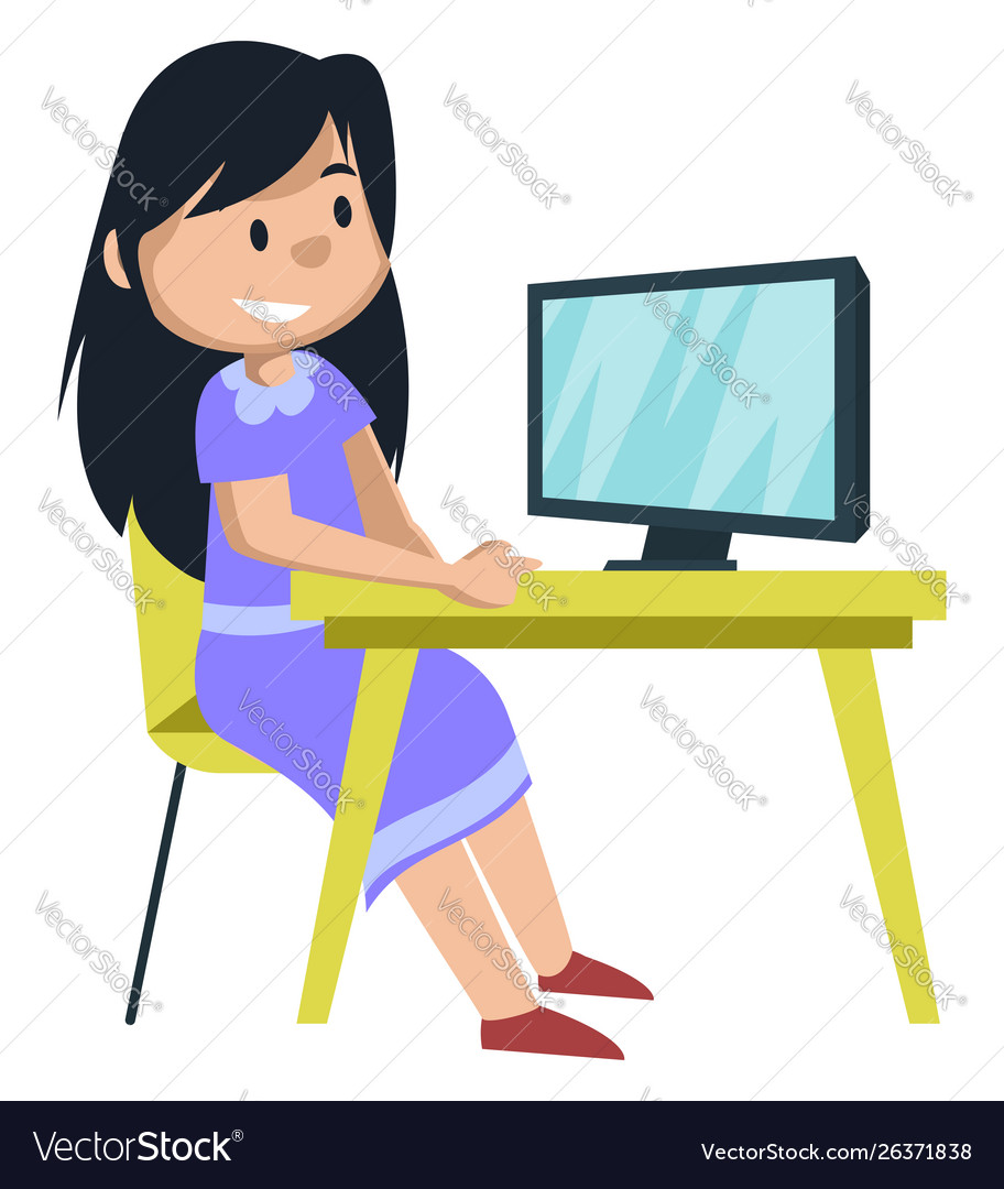 Girl Watching On Monitor White Background Vector Image