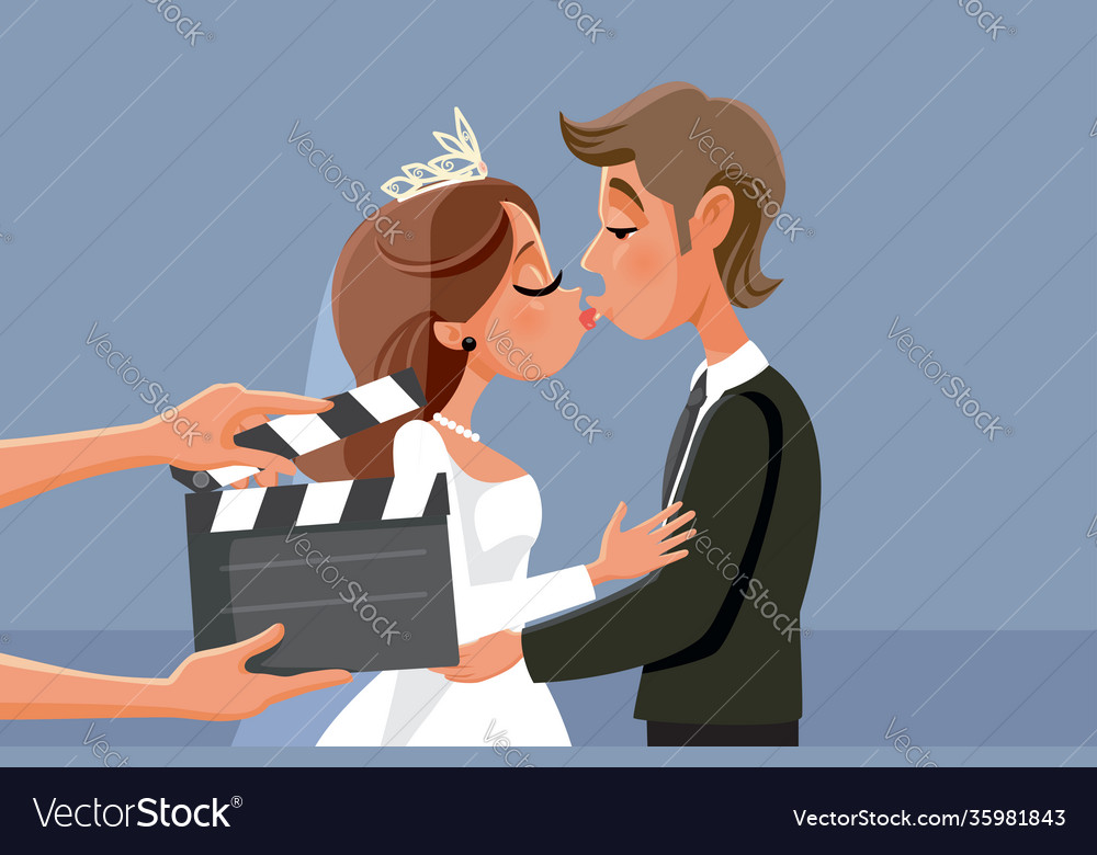 Newlywed couple kissing in wedding video Vector Image Newlywed couple kissing in wedding video Vector Image