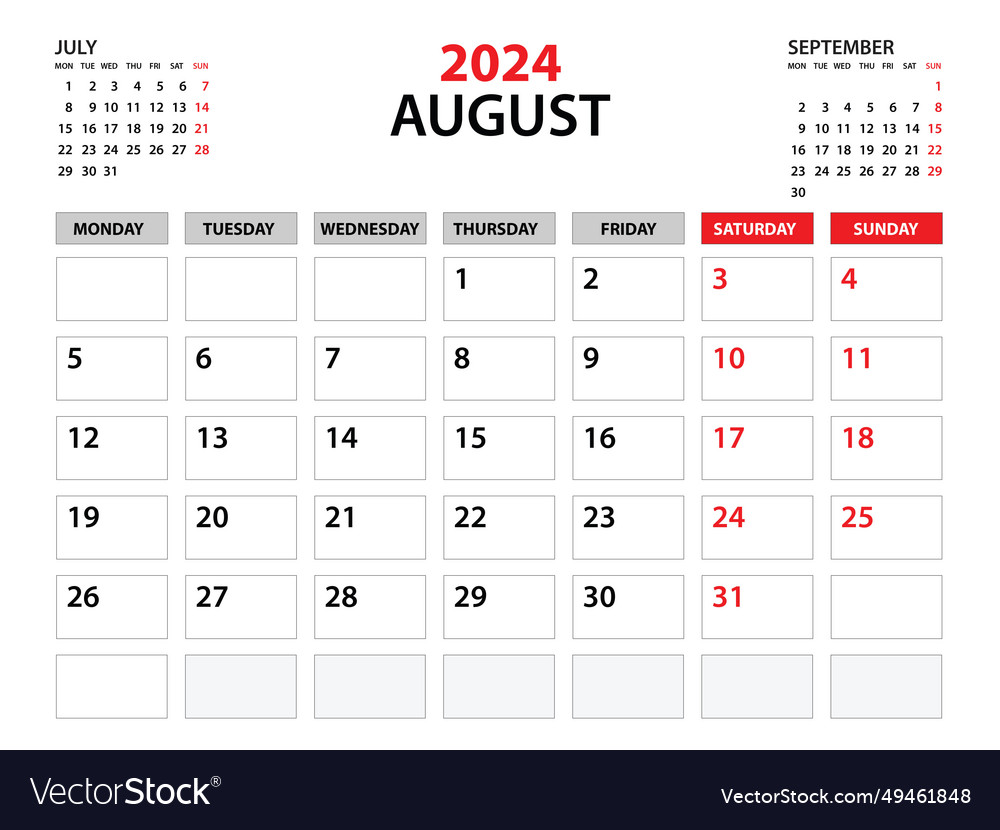 Calendar 2024 template august year planner Vector Image