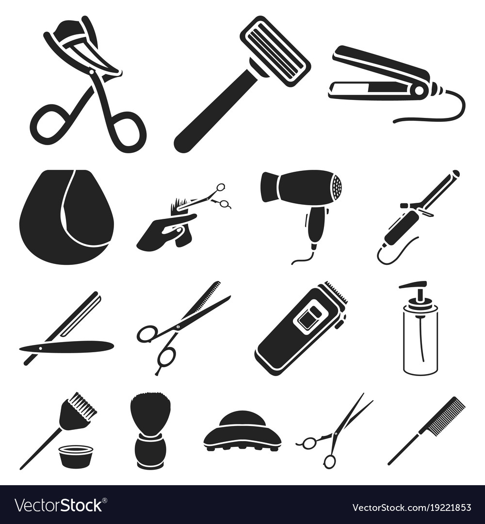 Hairdresser and tools black icons in set Vector Image