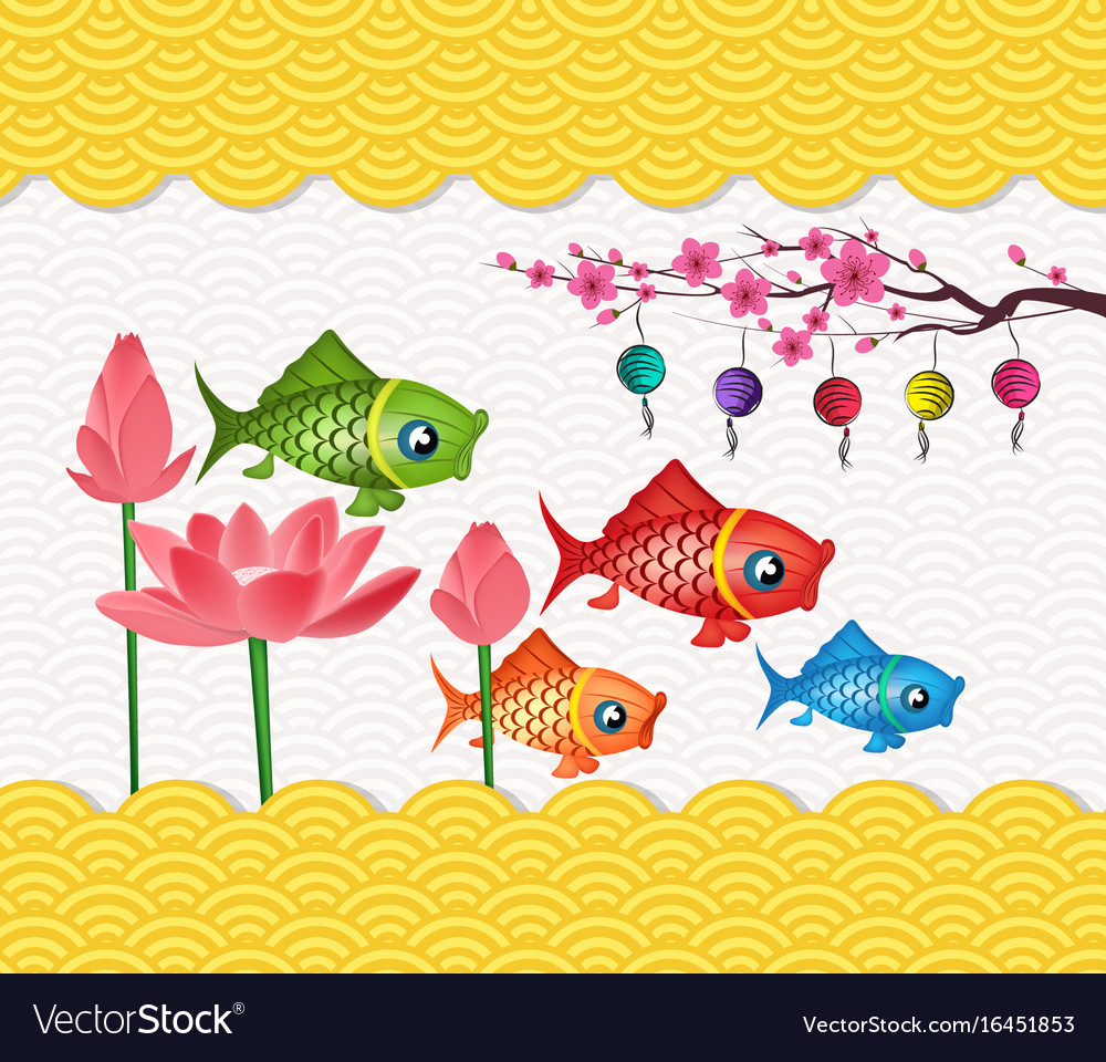 Happy Mid Autumn Festival Lotus Flower And Carp Vector Image