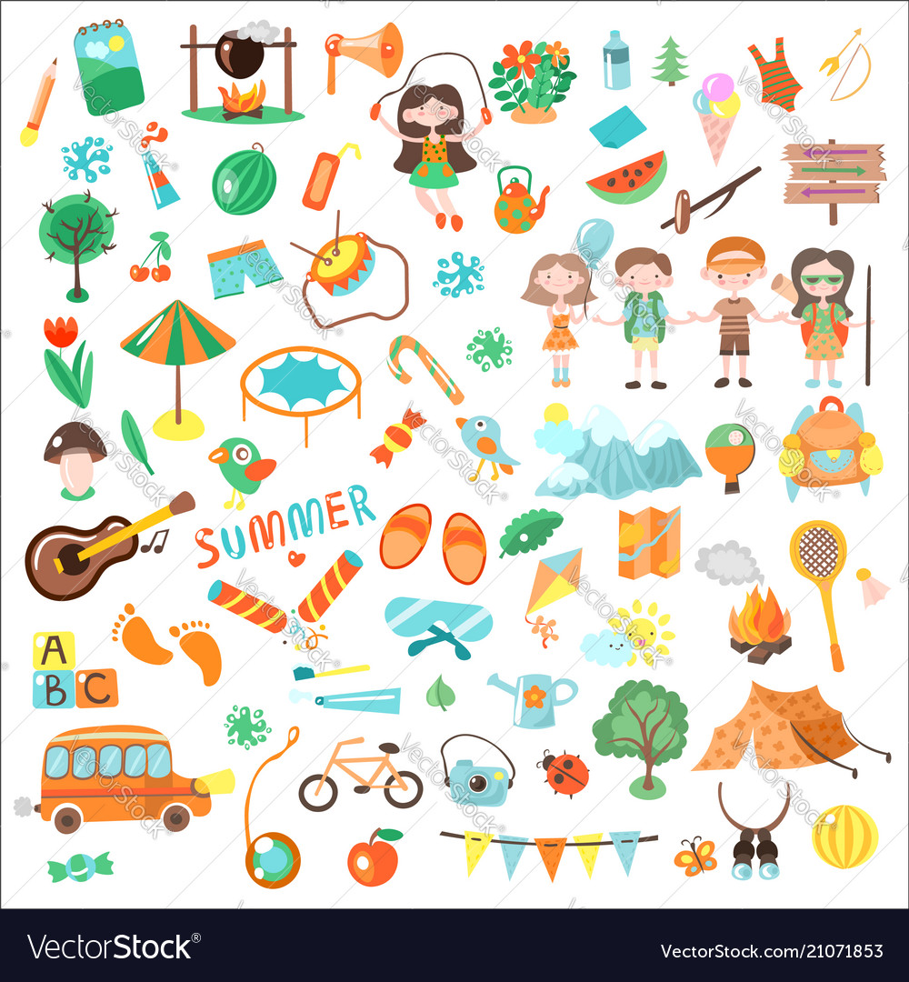 Kids camping cartoon set of Royalty Free Vector Image