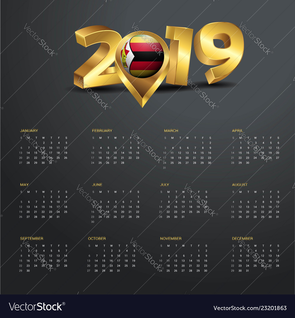 2019 calendar template zimbabwe country map Vector Image
