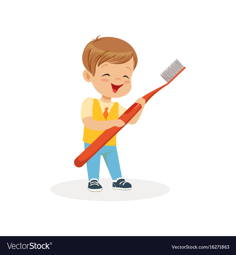 Smiling boy standing with big toothbrush cute Vector Image