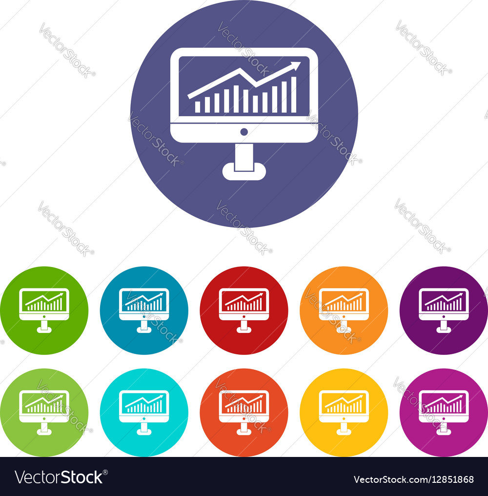 Growth graph on computer monitor set icons Vector Image