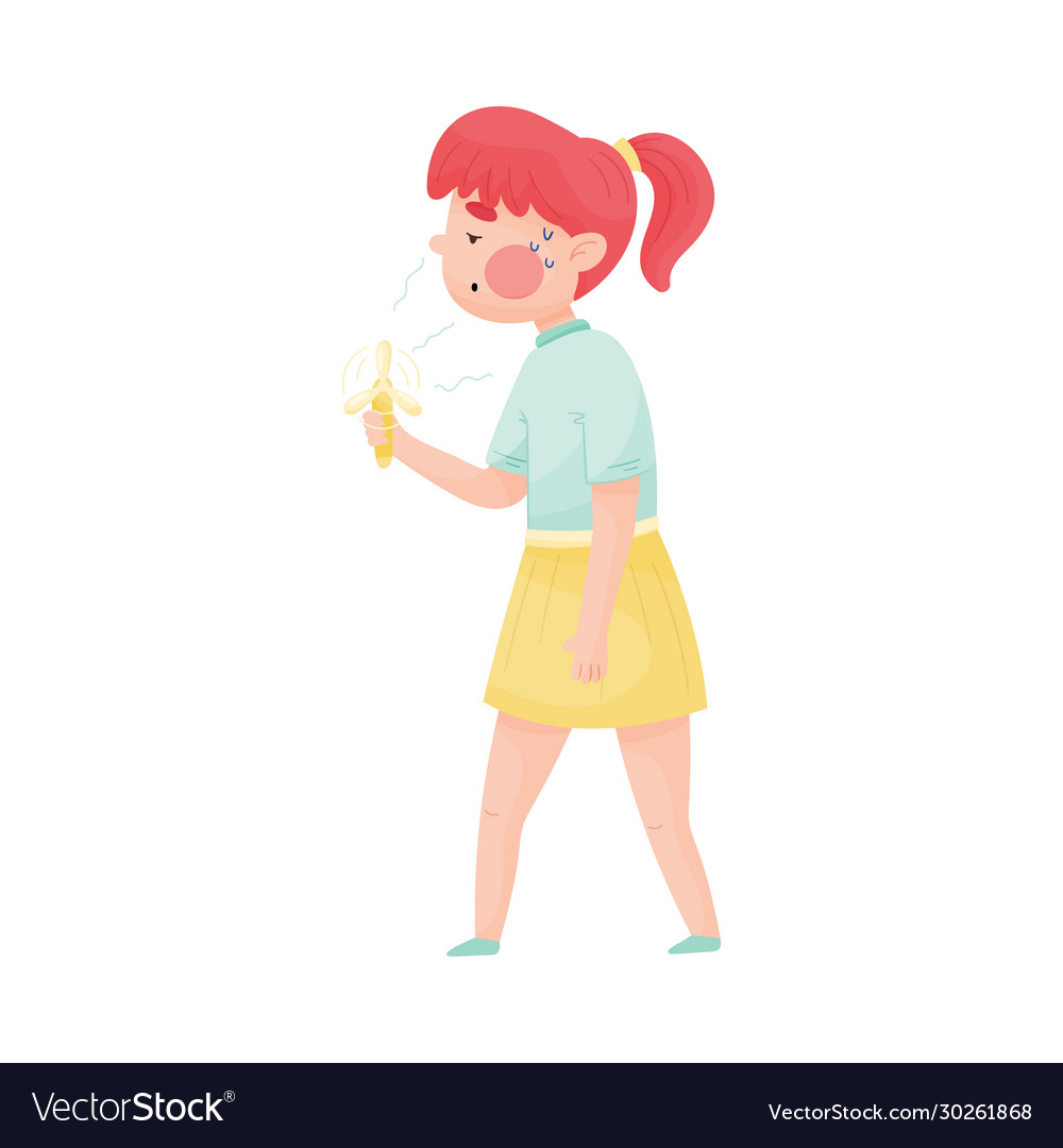 Red-haired girl using fan because hot weather Vector Image