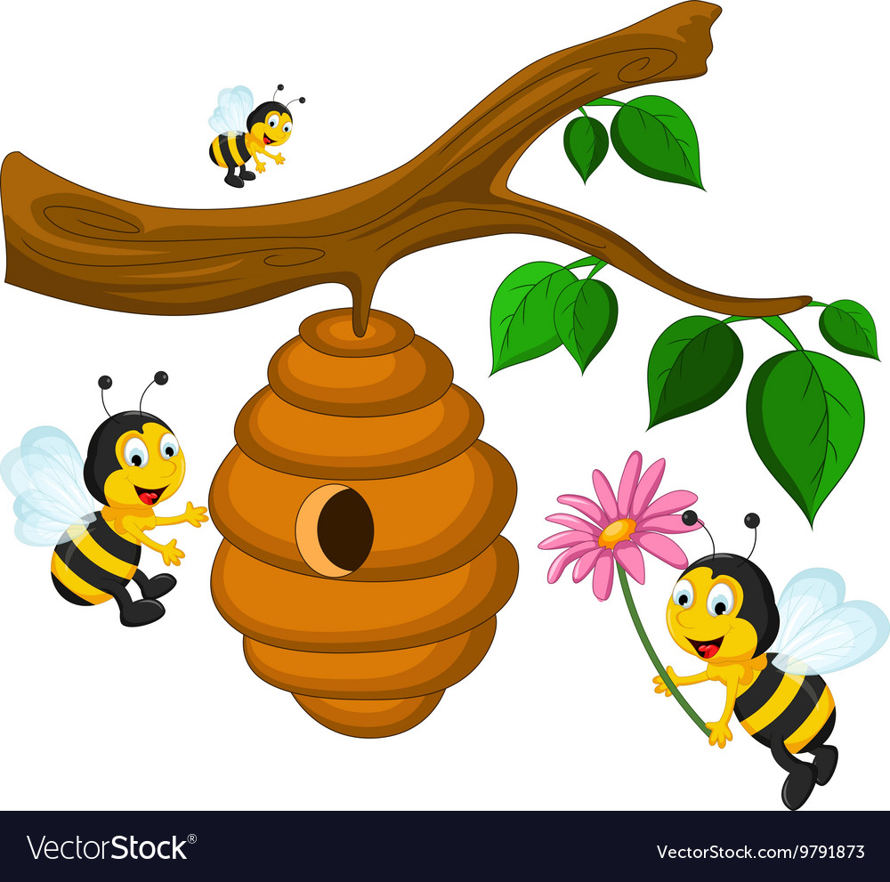 Bees cartoon holding flower and a beehive Vector Image