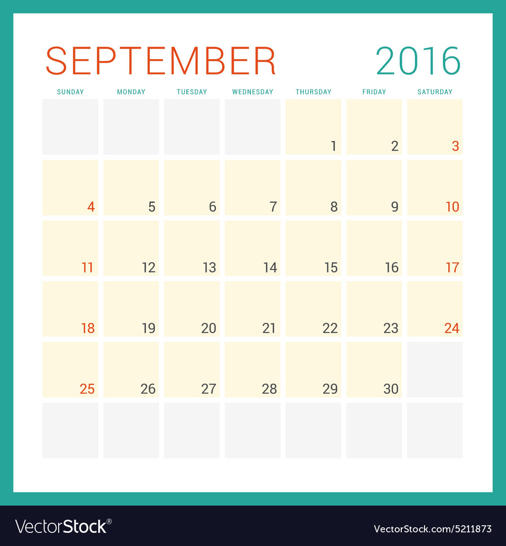 Calendar 2016 flat design template september week Vector Image