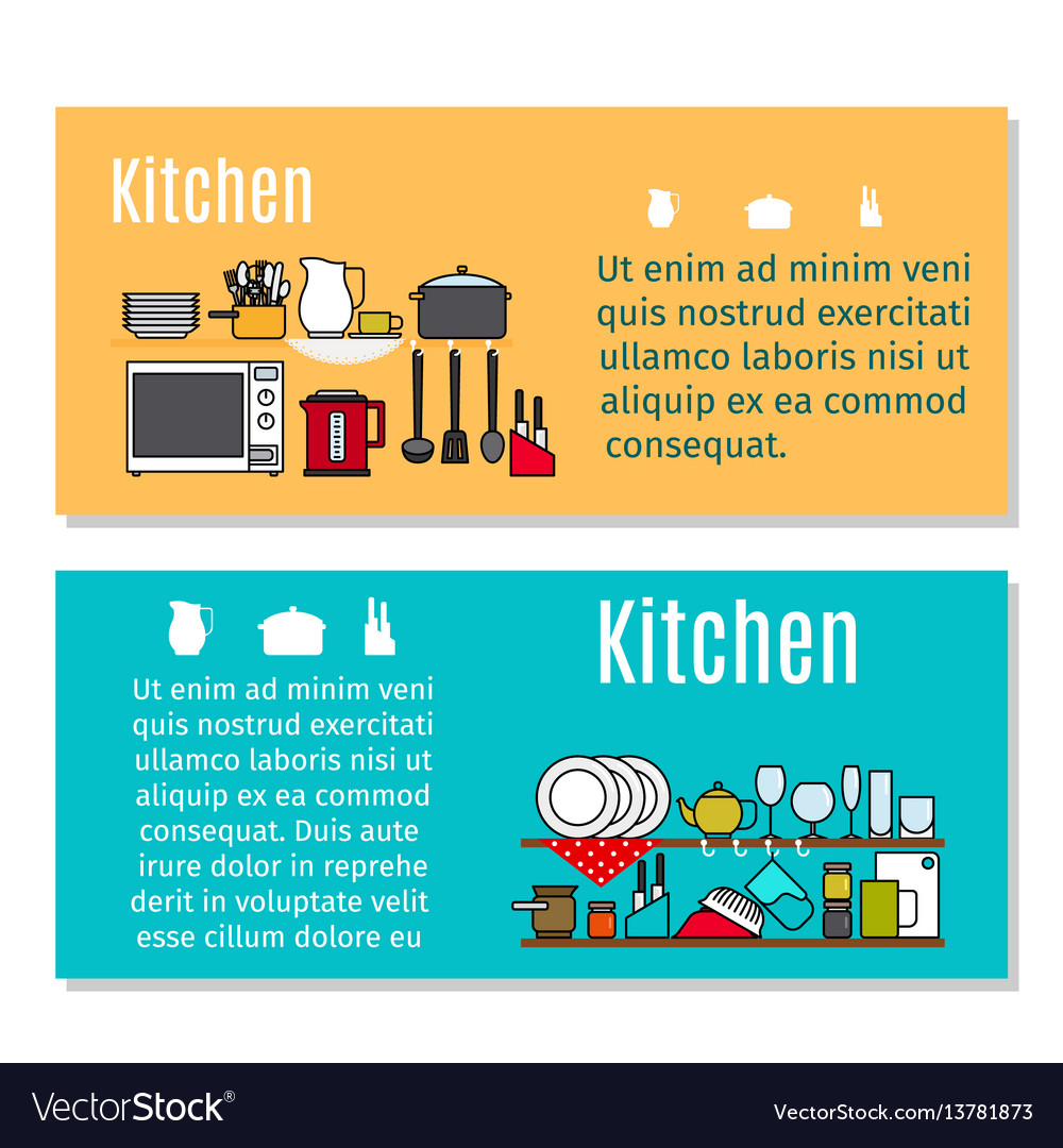 Kitchen horizontal flyers in cartoon style Vector Image