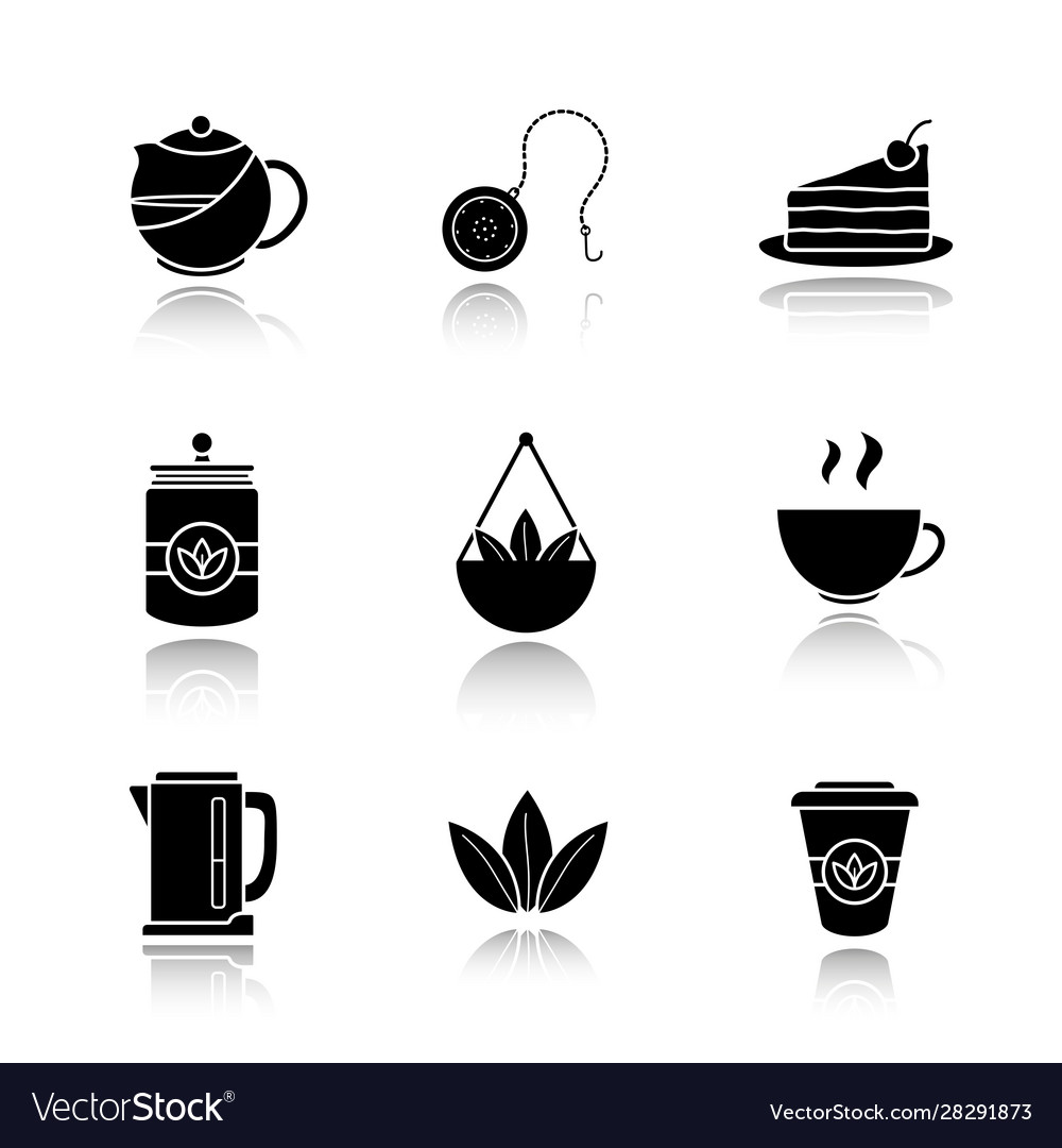 Tea drop shadow black icons set Royalty Free Vector Image