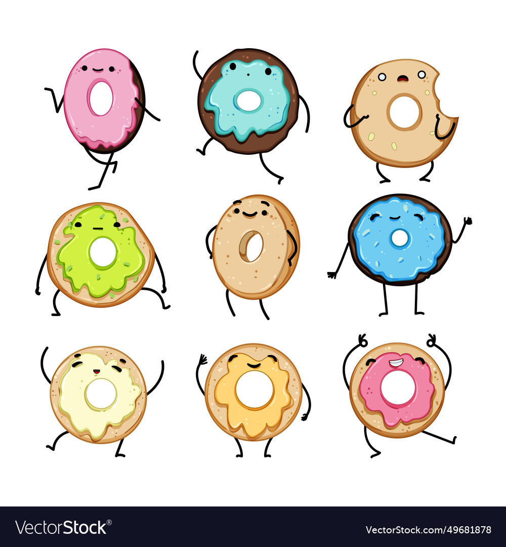 Donut character set cartoon Royalty Free Vector Image